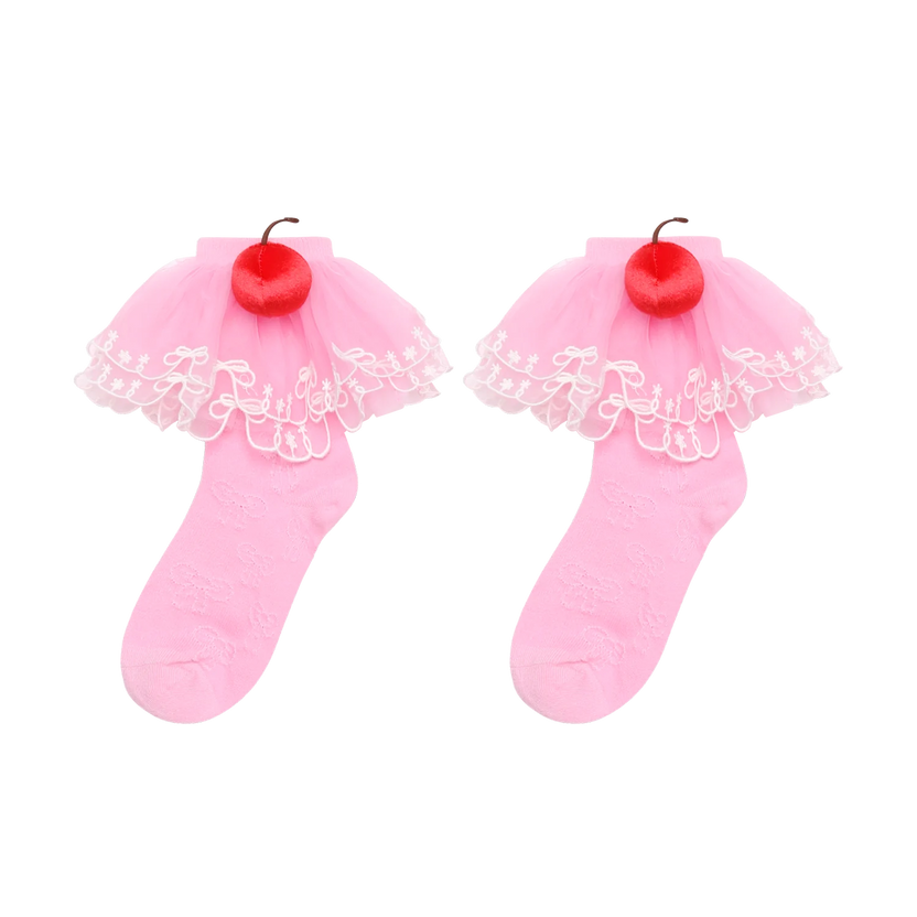 Lucky Cherry Embroidered Lace Ankle Socks by Poco Blush, image 2