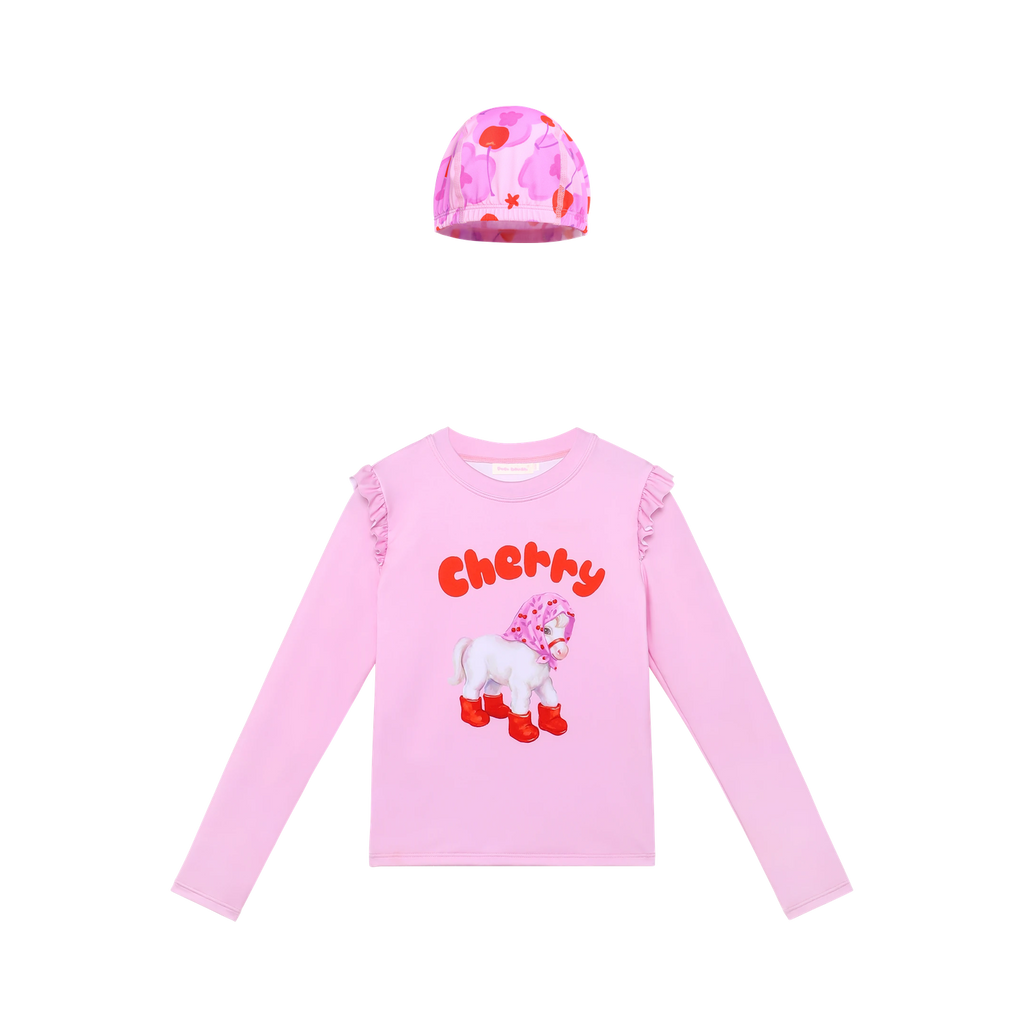 Cherry Pony Long-Sleeve Swimsuit Top with matching swim cap flat lay by Poco Blush