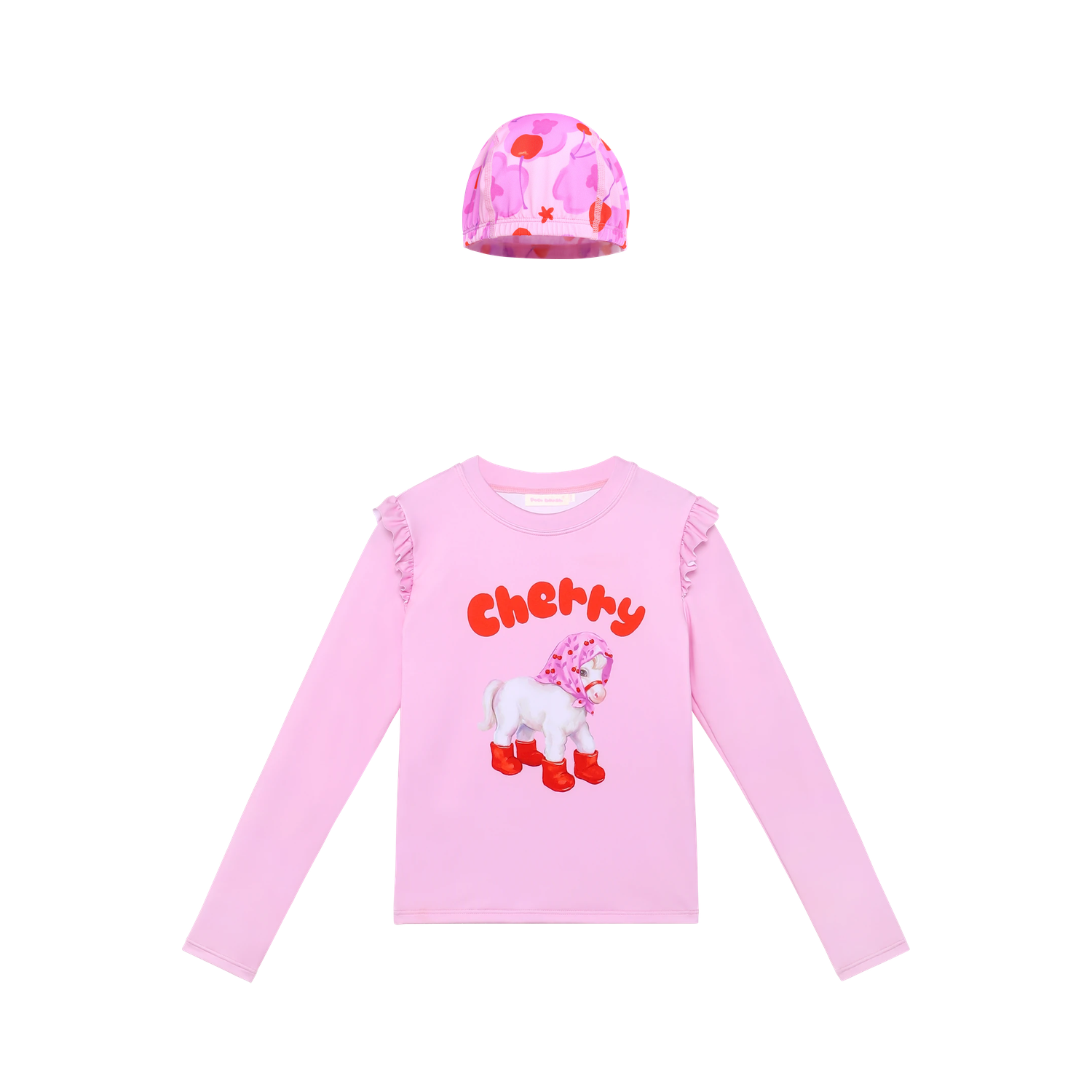 Cherry Pony Long-Sleeve Swimsuit Top with matching swim cap flat lay by Poco Blush