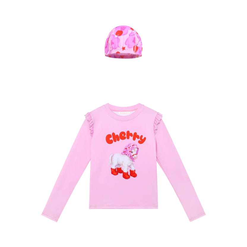 Cherry Pony Long-Sleeve Swimsuit Top with matching swim cap flat lay by Poco Blush