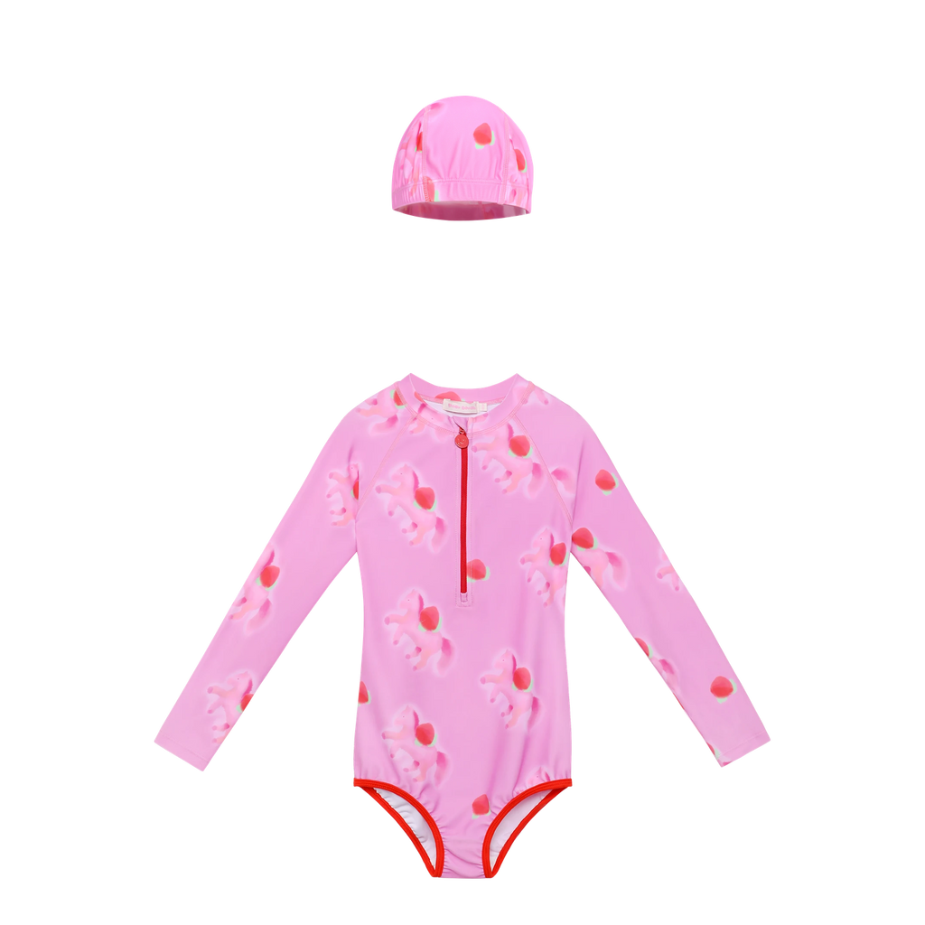 Cherry Pony Long-Sleeve One-Piece Swimsuit with matching swim cap flat lay by Poco Blush