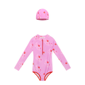 Cherry Pony Long-Sleeve One-Piece Swimsuit with matching swim cap flat lay by Poco Blush