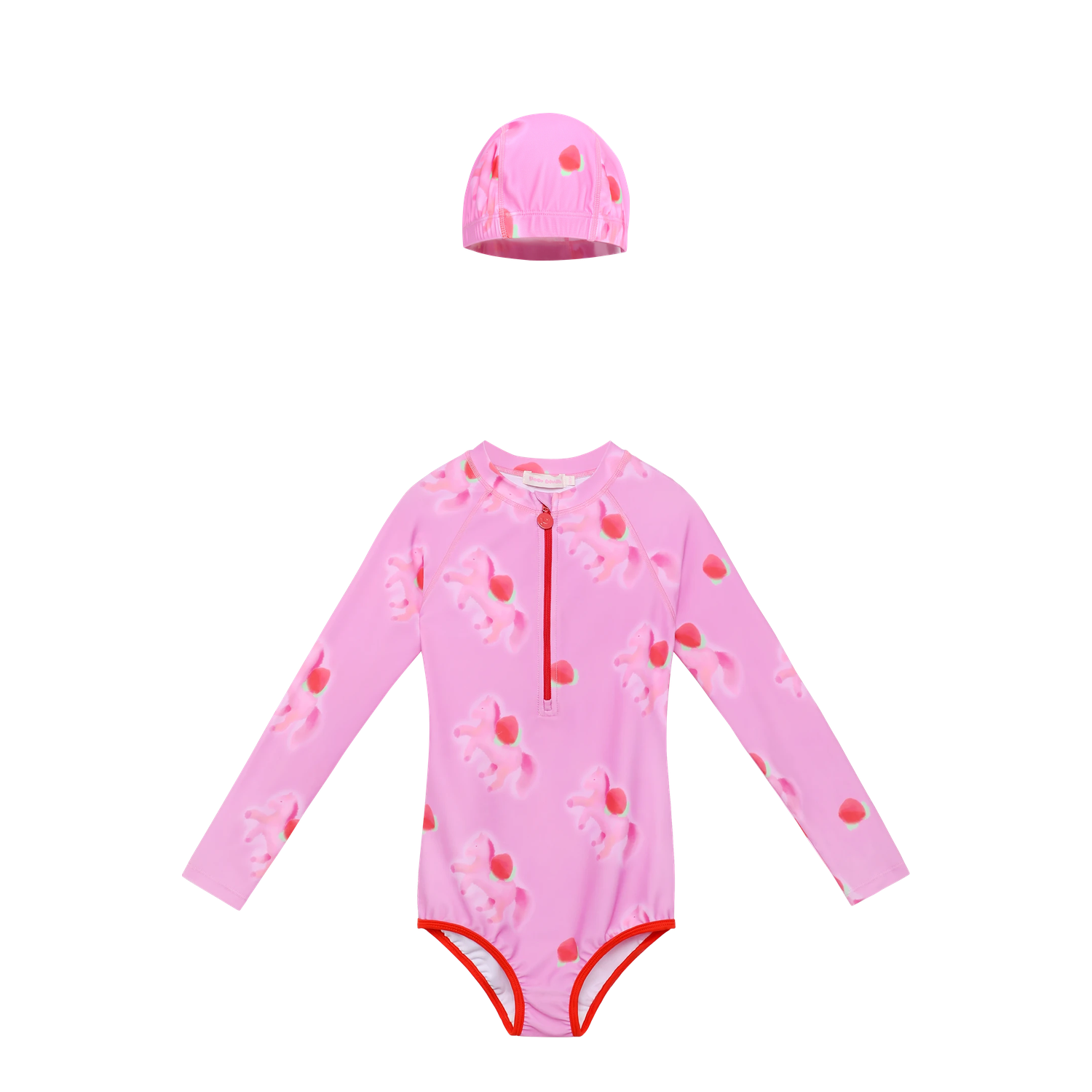 Cherry Pony Long-Sleeve One-Piece Swimsuit with matching swim cap flat lay by Poco Blush