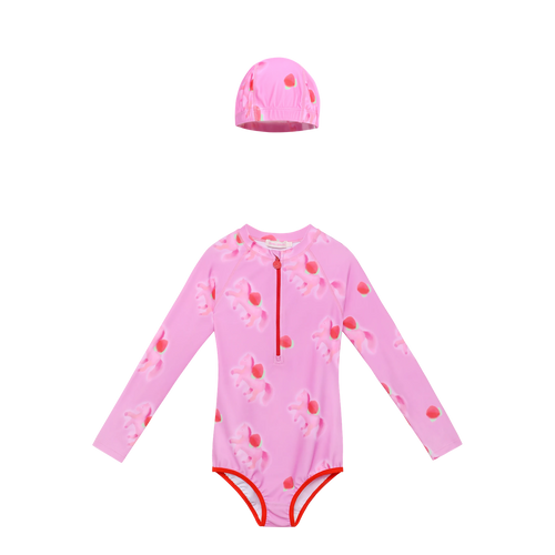 Cherry Pony Long-Sleeve One-Piece Swimsuit with matching swim cap flat lay by Poco Blush