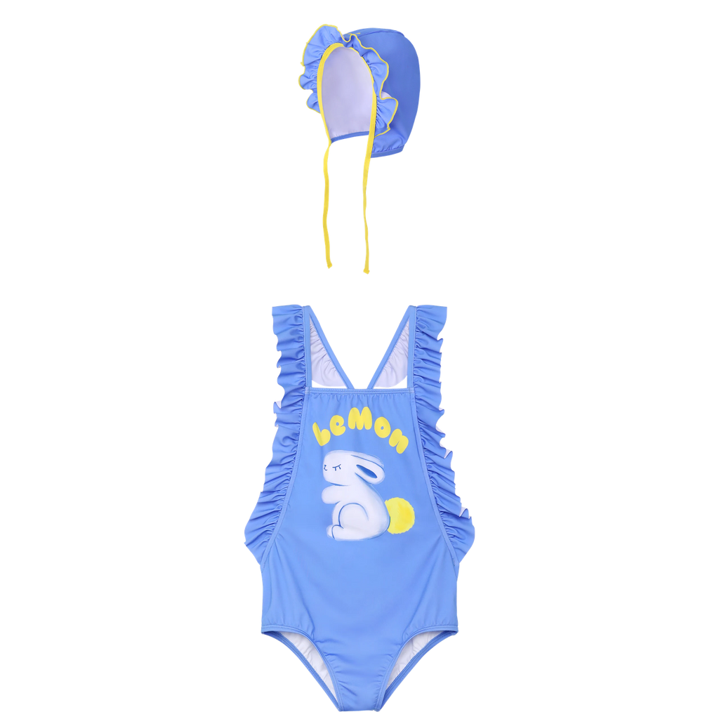Klein Blue Bunny Ruffle Swimsuit with matching swim cap flat lay by Poco Blush