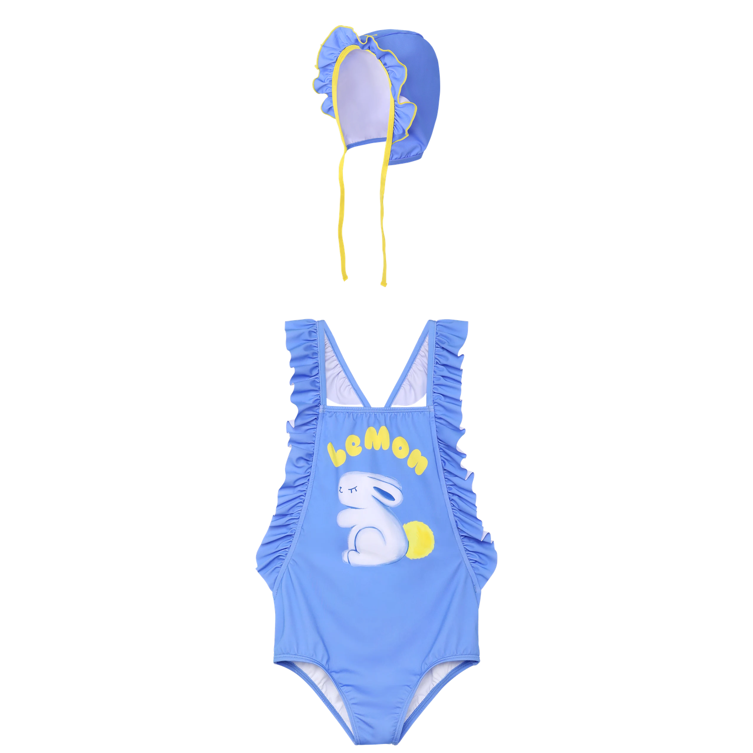 Klein Blue Bunny Ruffle Swimsuit with matching swim cap flat lay by Poco Blush