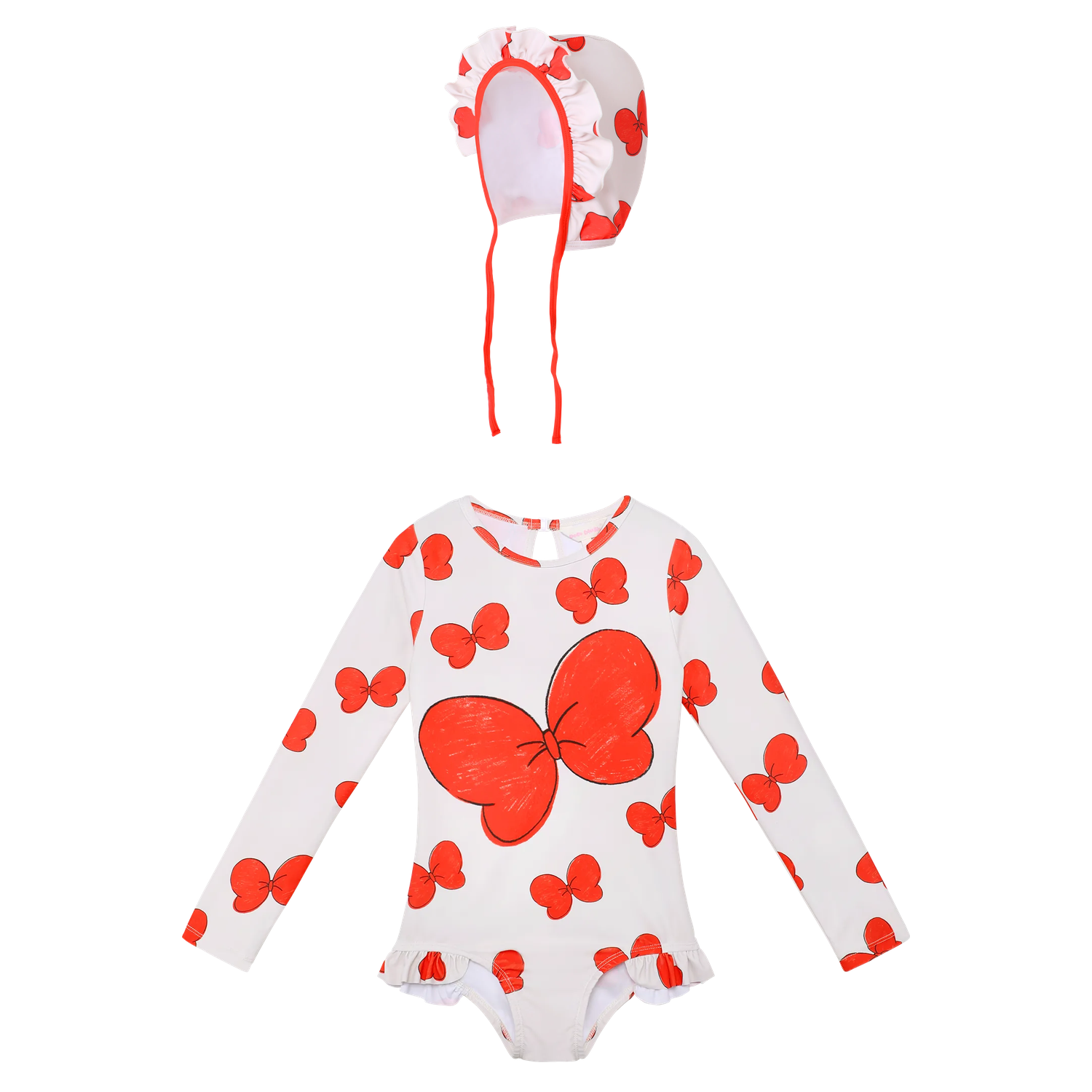 Big Bow Long-Sleeve One-Piece Swimsuit with matching tie swim cap flat lay by Poco Blush