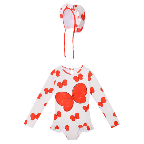 Big Bow Long-Sleeve One-Piece Swimsuit with matching tie swim cap flat lay by Poco Blush