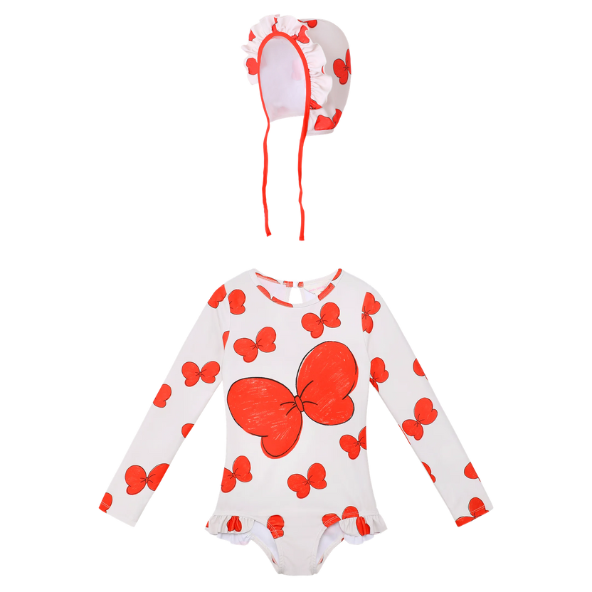 Big Bow Long-Sleeve One-Piece Swimsuit with matching tie swim cap flat lay by Poco Blush