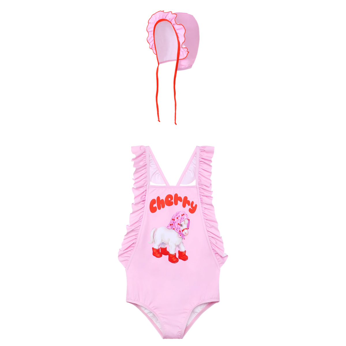 Cherry Pony Ruffle Swimsuit with matching swim cap flat lay by Poco Blush