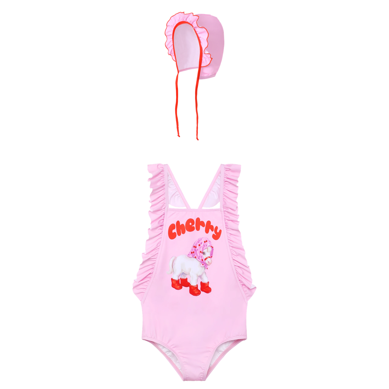 Cherry Pony Ruffle Swimsuit with matching swim cap flat lay by Poco Blush