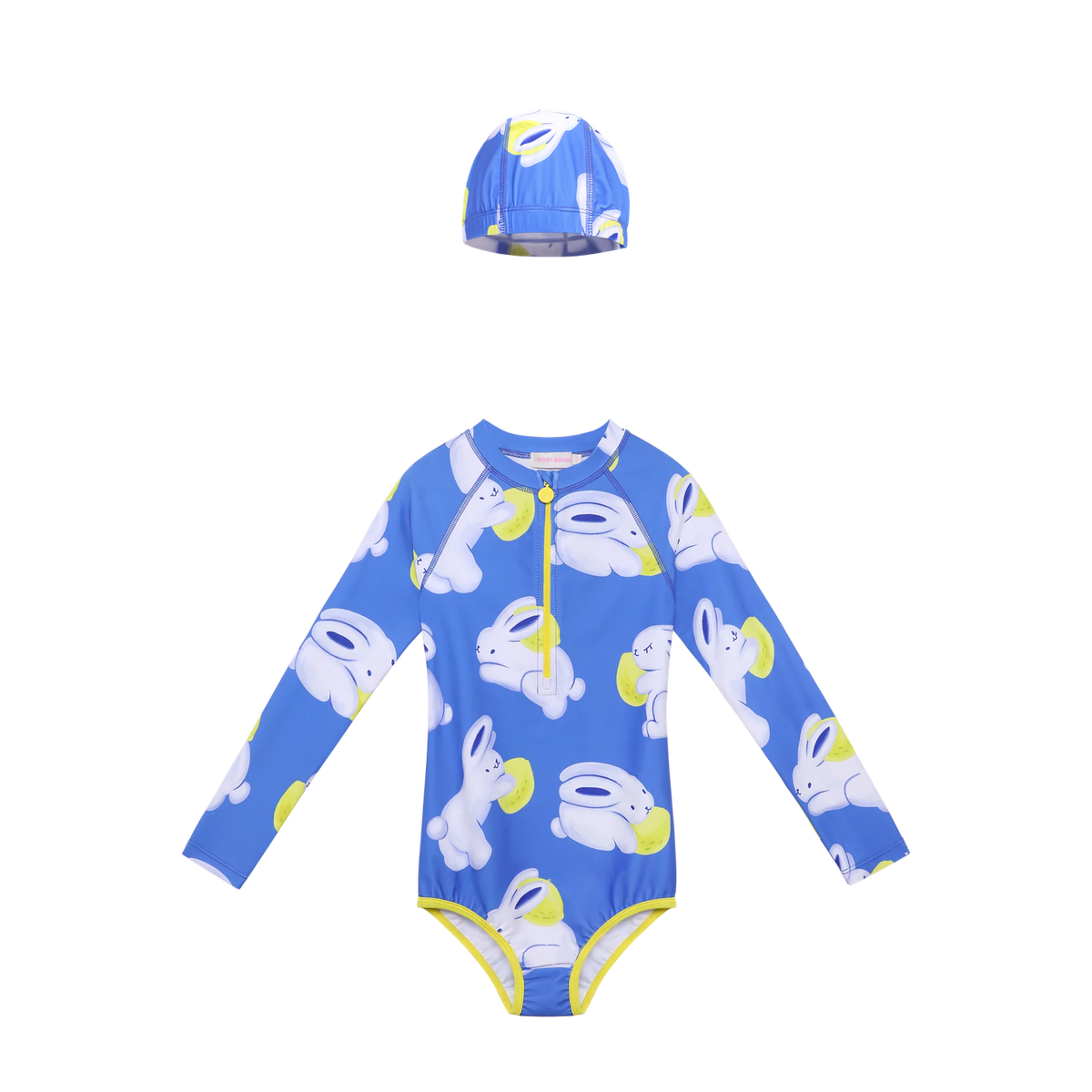 Klein Blue Bunny Long-Sleeve One-Piece Swimsuit with matching swim cap flat lay by Poco Blush