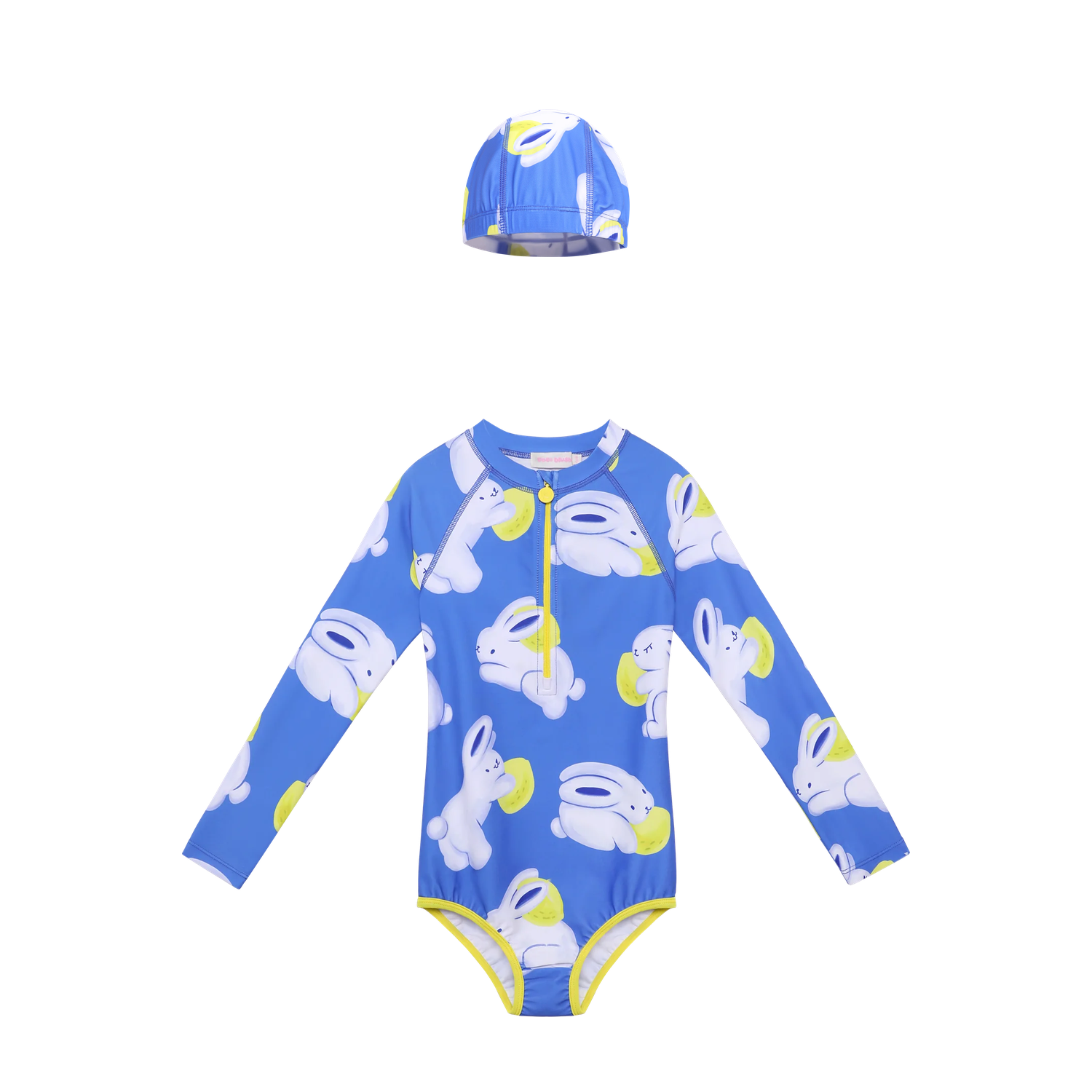 Klein Blue Bunny Long-Sleeve One-Piece Swimsuit with matching swim cap flat lay by Poco Blush