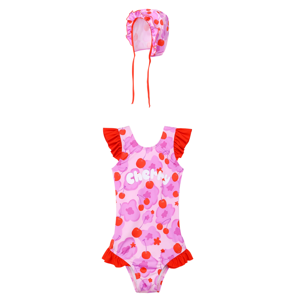 Cherry Pony Ruffle One-Piece Swimsuit with matching tie swim cap flat lay by Poco Blush