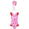 Cherry Pony Ruffle One-Piece Swimsuit with matching tie swim cap flat lay by Poco Blush