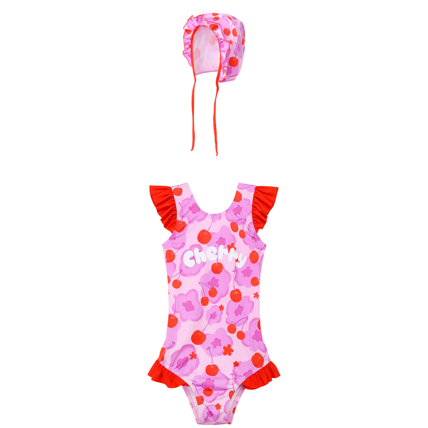 Cherry Pony Ruffle One-Piece Swimsuit with matching tie swim cap flat lay by Poco Blush