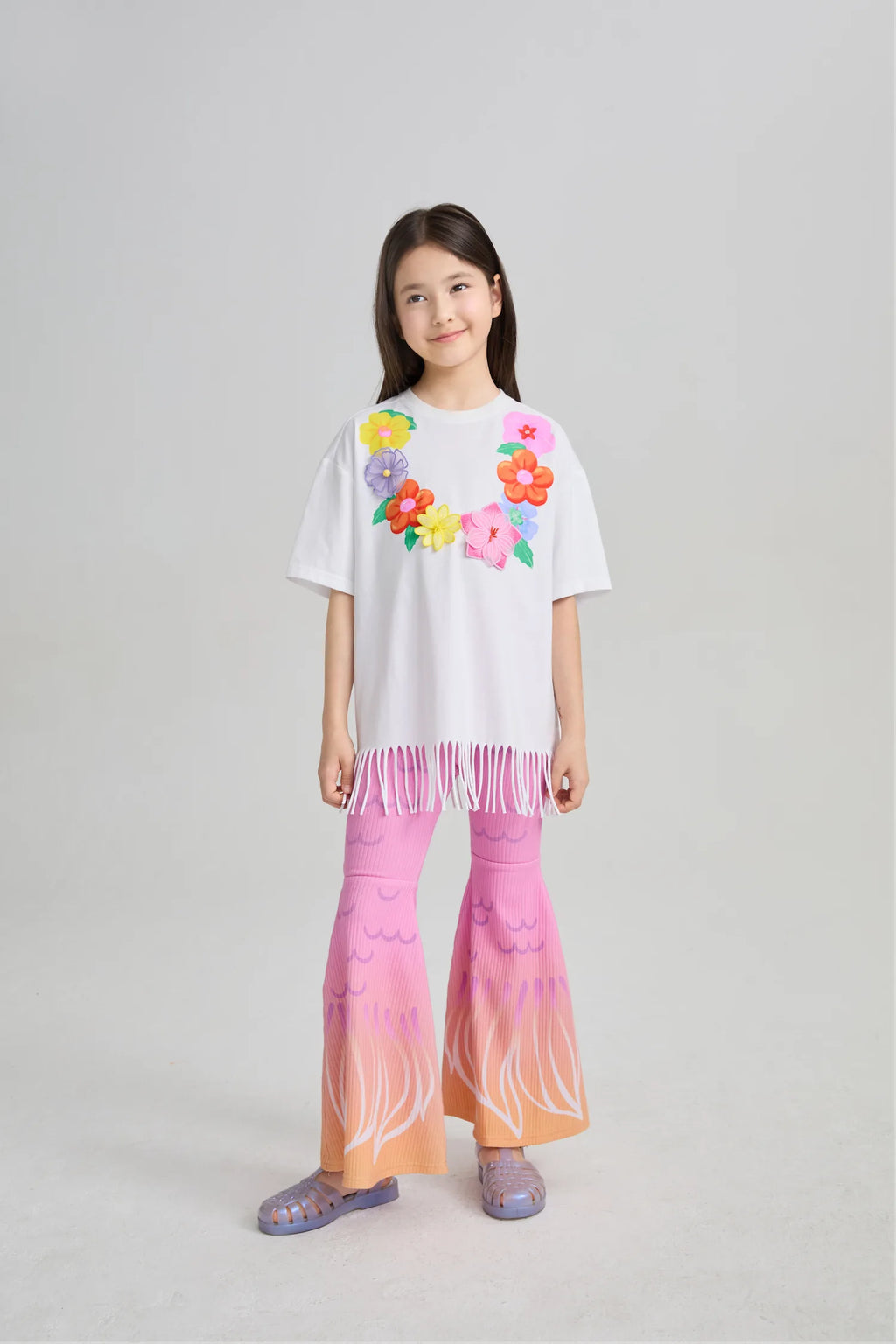 Poco Blush Mermaid Cat Tassel Embroidered Tee
