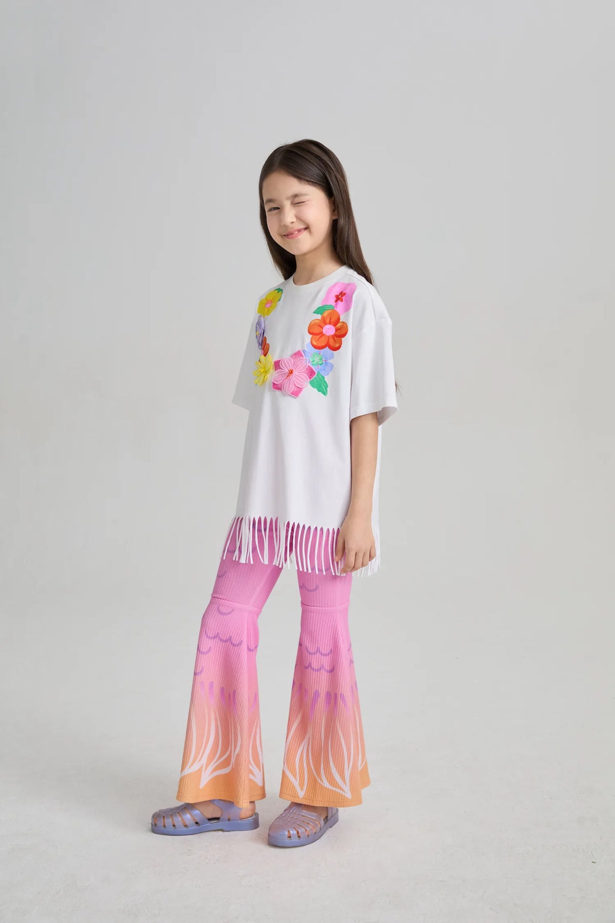 Poco Blush Mermaid Cat Tassel Embroidered Tee
