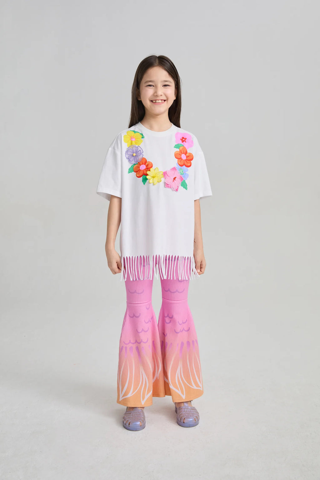 Poco Blush Mermaid Cat Tassel Embroidered Tee