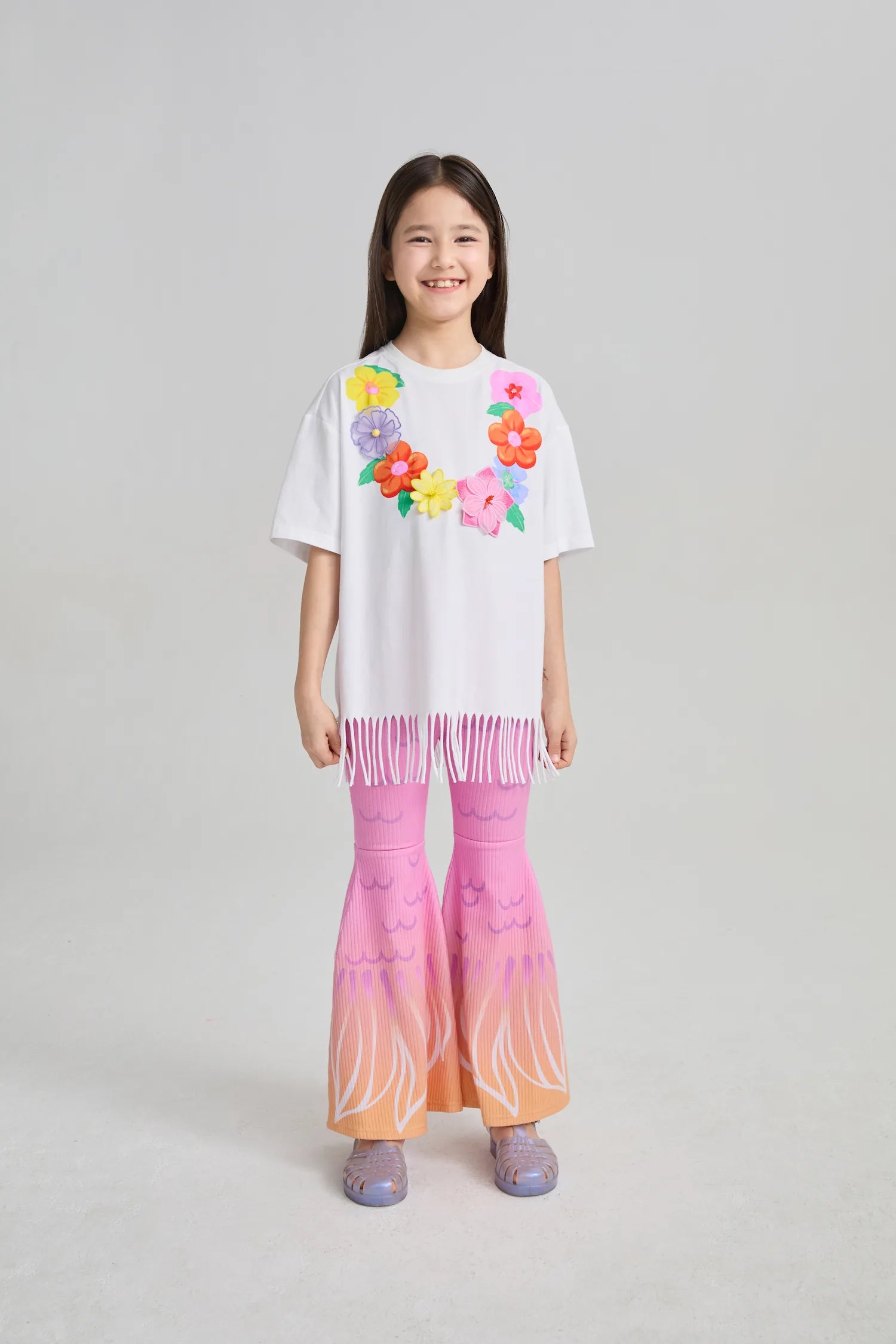 Poco Blush Mermaid Cat Tassel Embroidered Tee