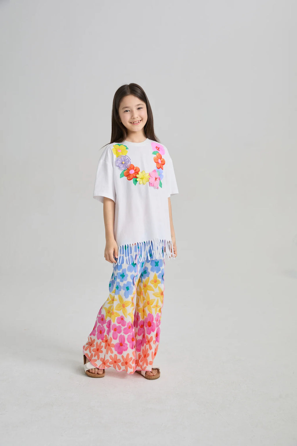 Poco Blush Palm Leaf Pleated Flare Pants