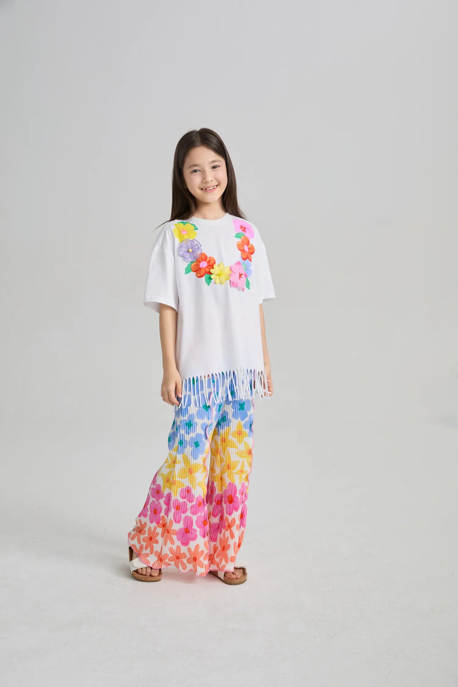Poco Blush Palm Leaf Pleated Flare Pants