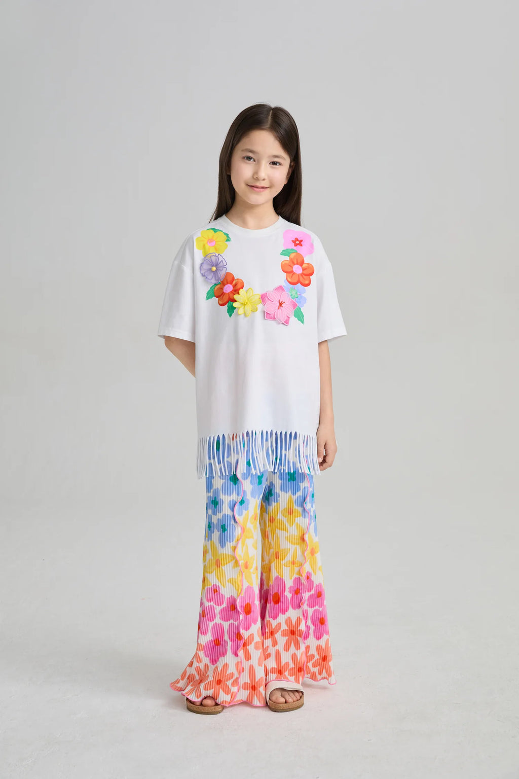 Poco Blush Palm Leaf Pleated Flare Pants