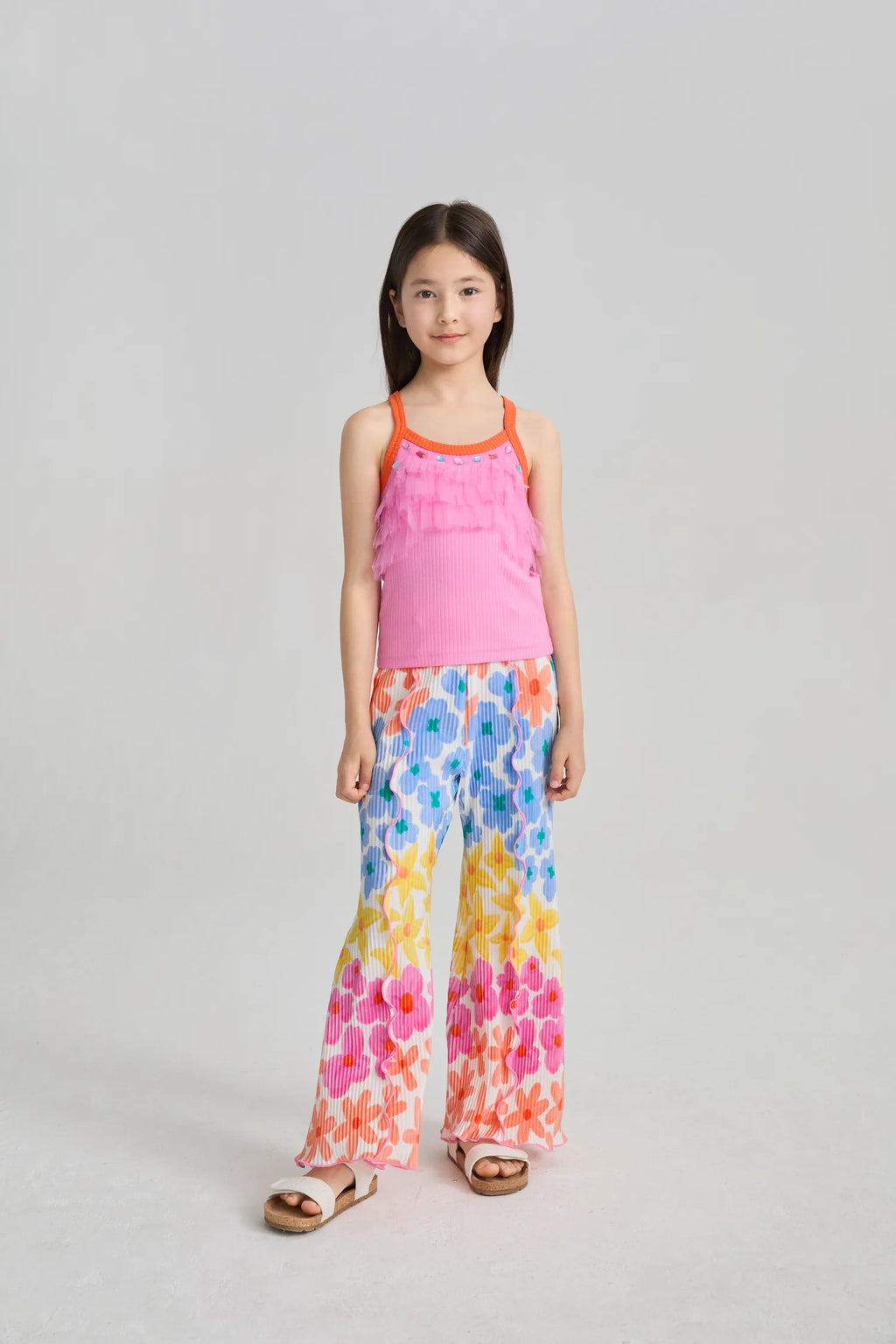 Poco Blush Palm Leaf Pleated Flare Pants