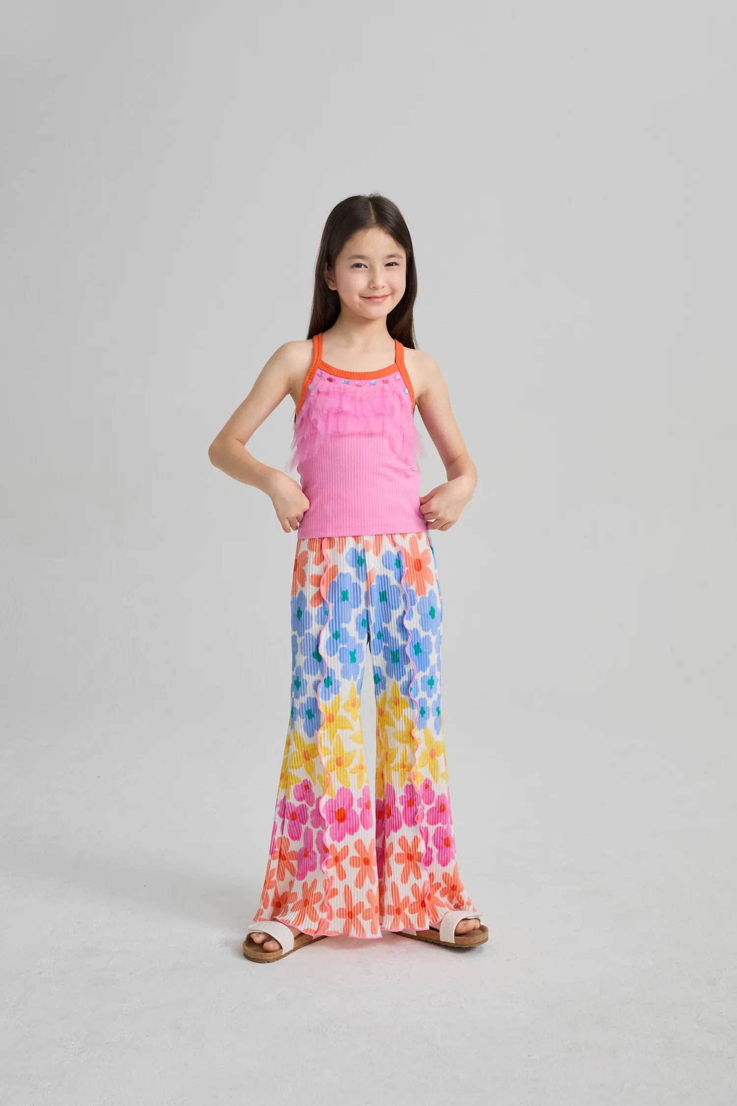 Poco Blush Palm Leaf Pleated Flare Pants