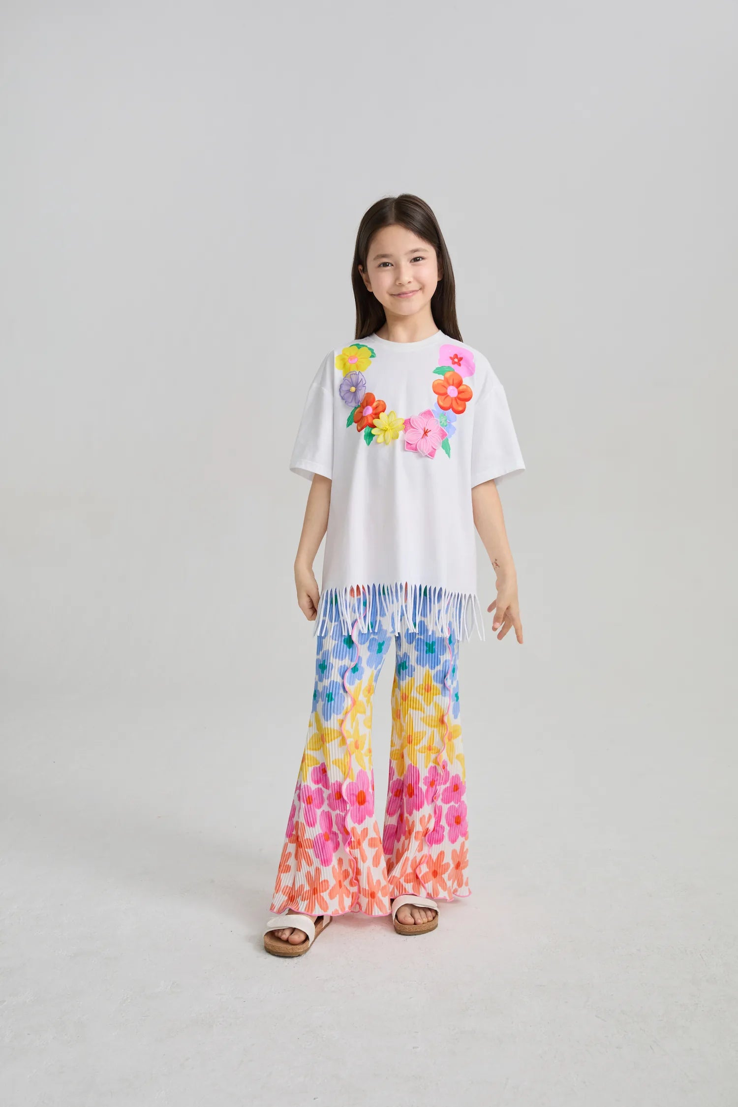 Poco Blush Palm Leaf Pleated Flare Pants