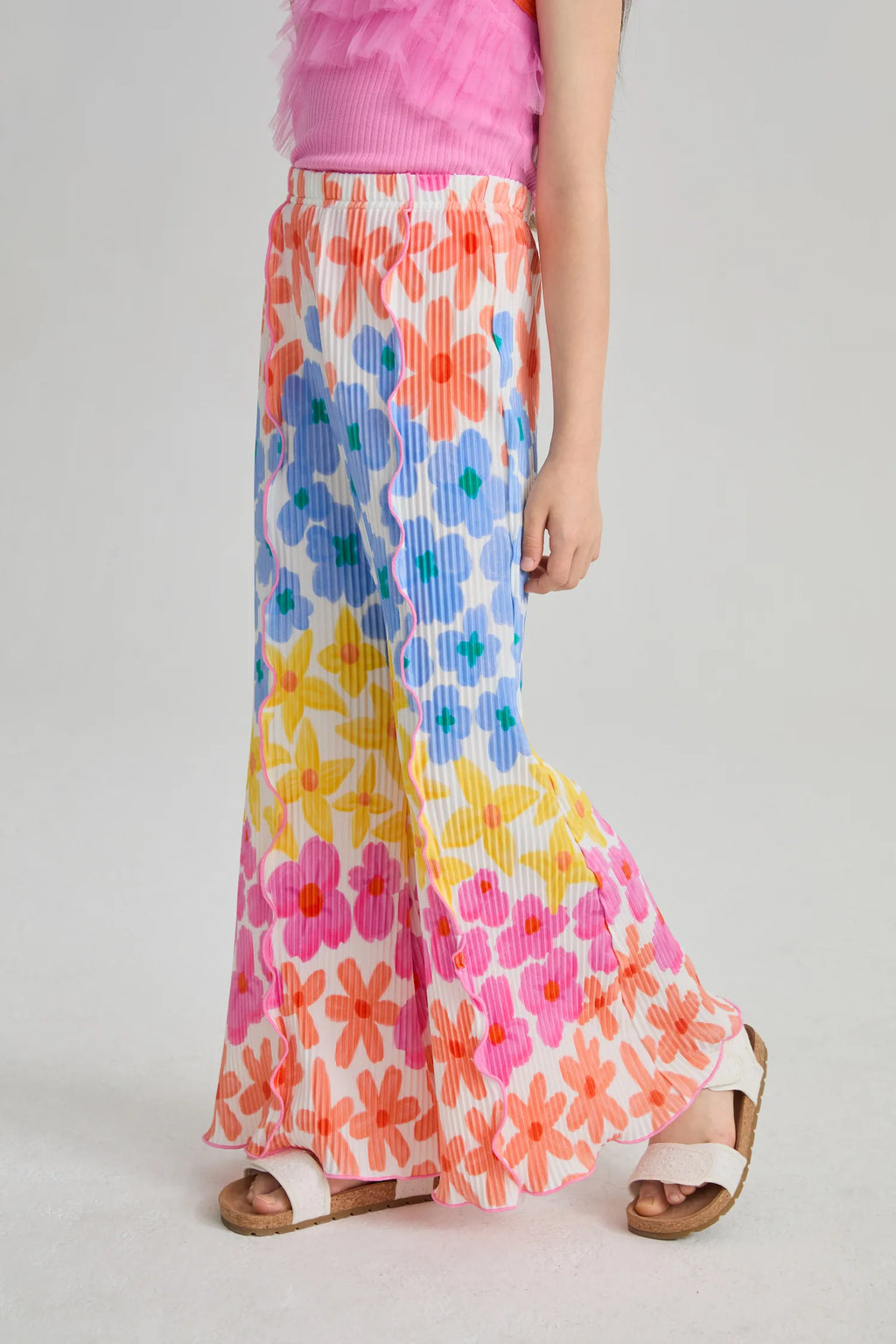 Poco Blush Palm Leaf Pleated Flare Pants