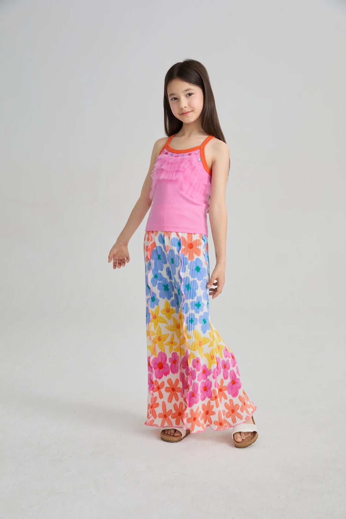 Poco Blush Palm Leaf Pleated Flare Pants
