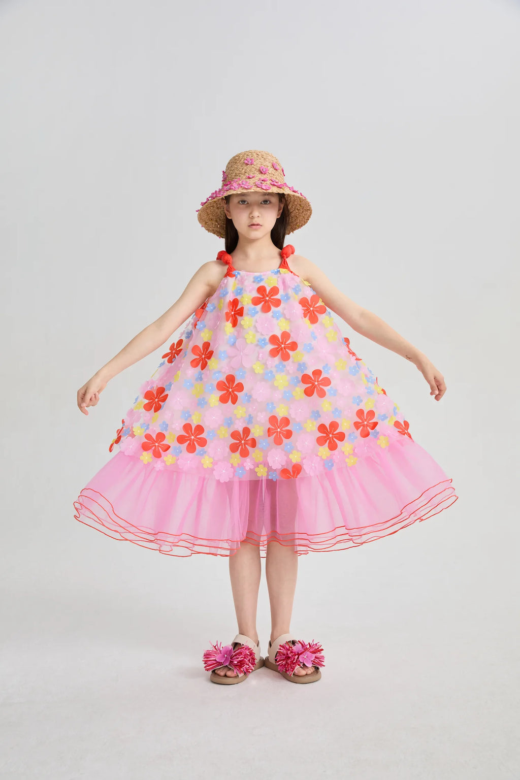 Poco Blush Tropical Bloom Embroidered Mesh Dress