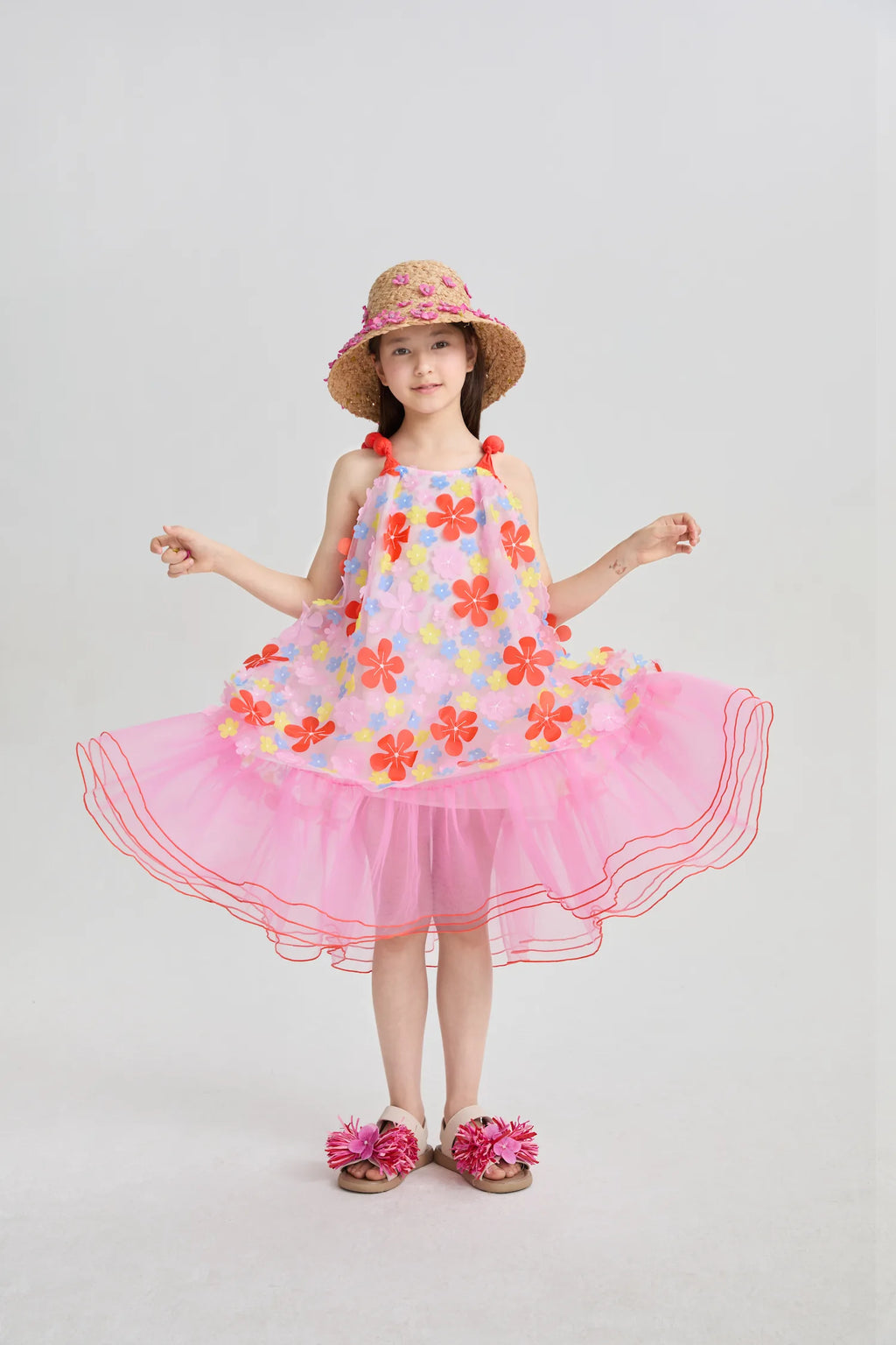 Poco Blush Tropical Bloom Embroidered Mesh Dress