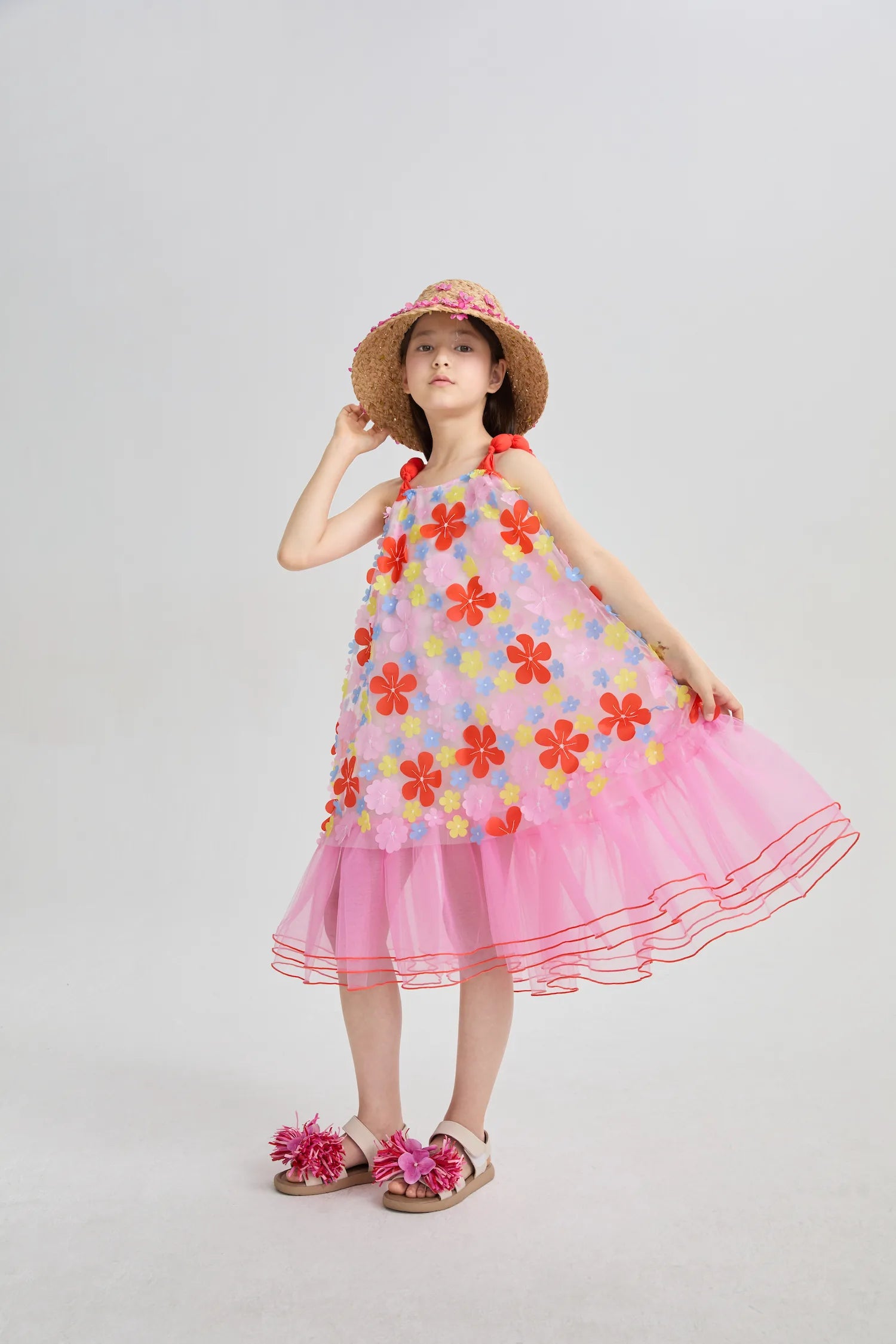 Poco Blush Tropical Bloom Embroidered Mesh Dress