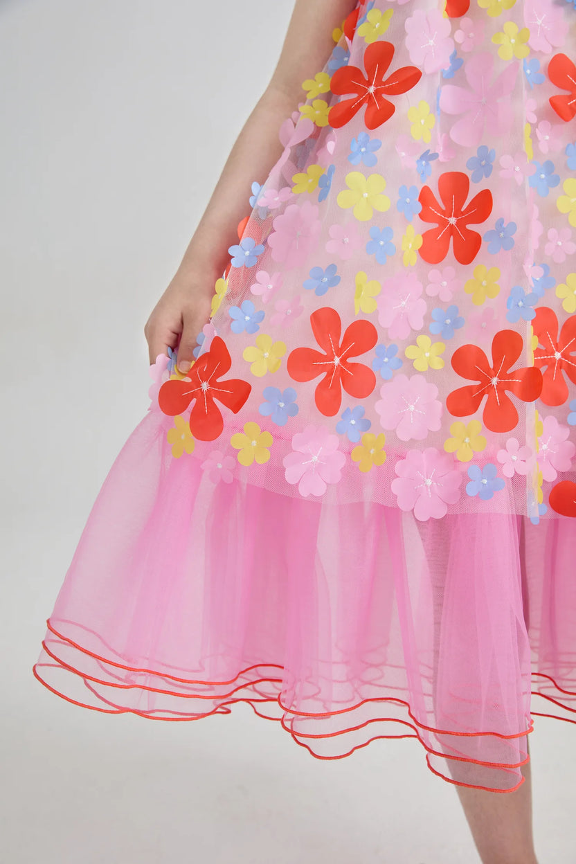 Poco Blush Tropical Bloom Embroidered Mesh Dress