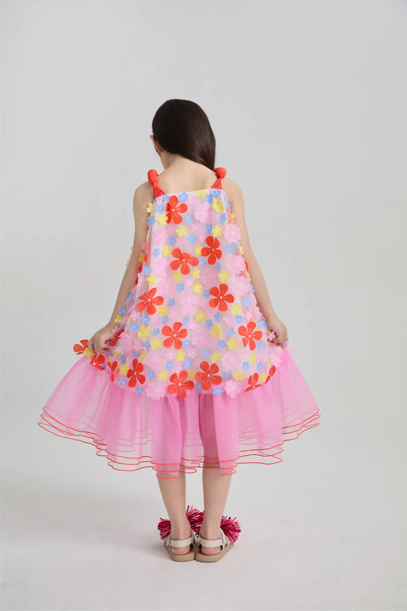 Poco Blush Tropical Bloom Embroidered Mesh Dress