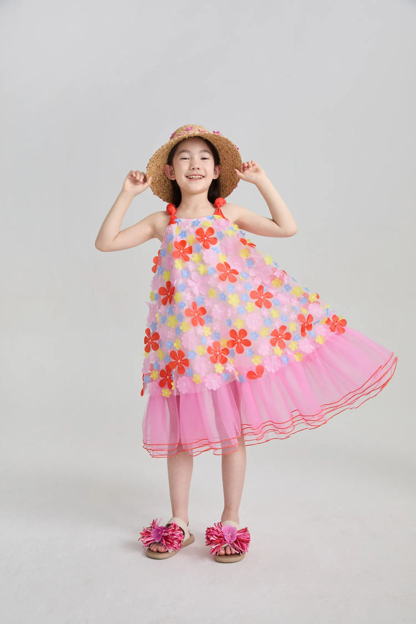 Poco Blush Tropical Bloom Embroidered Mesh Dress