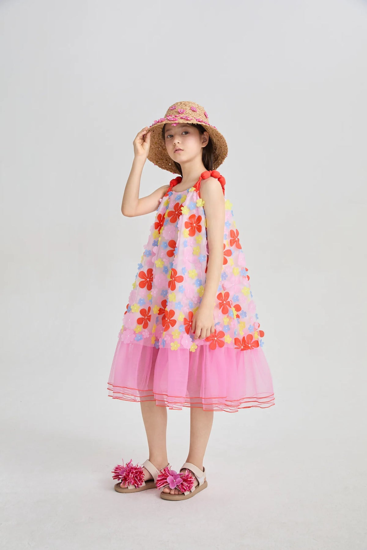 Poco Blush Tropical Bloom Embroidered Mesh Dress