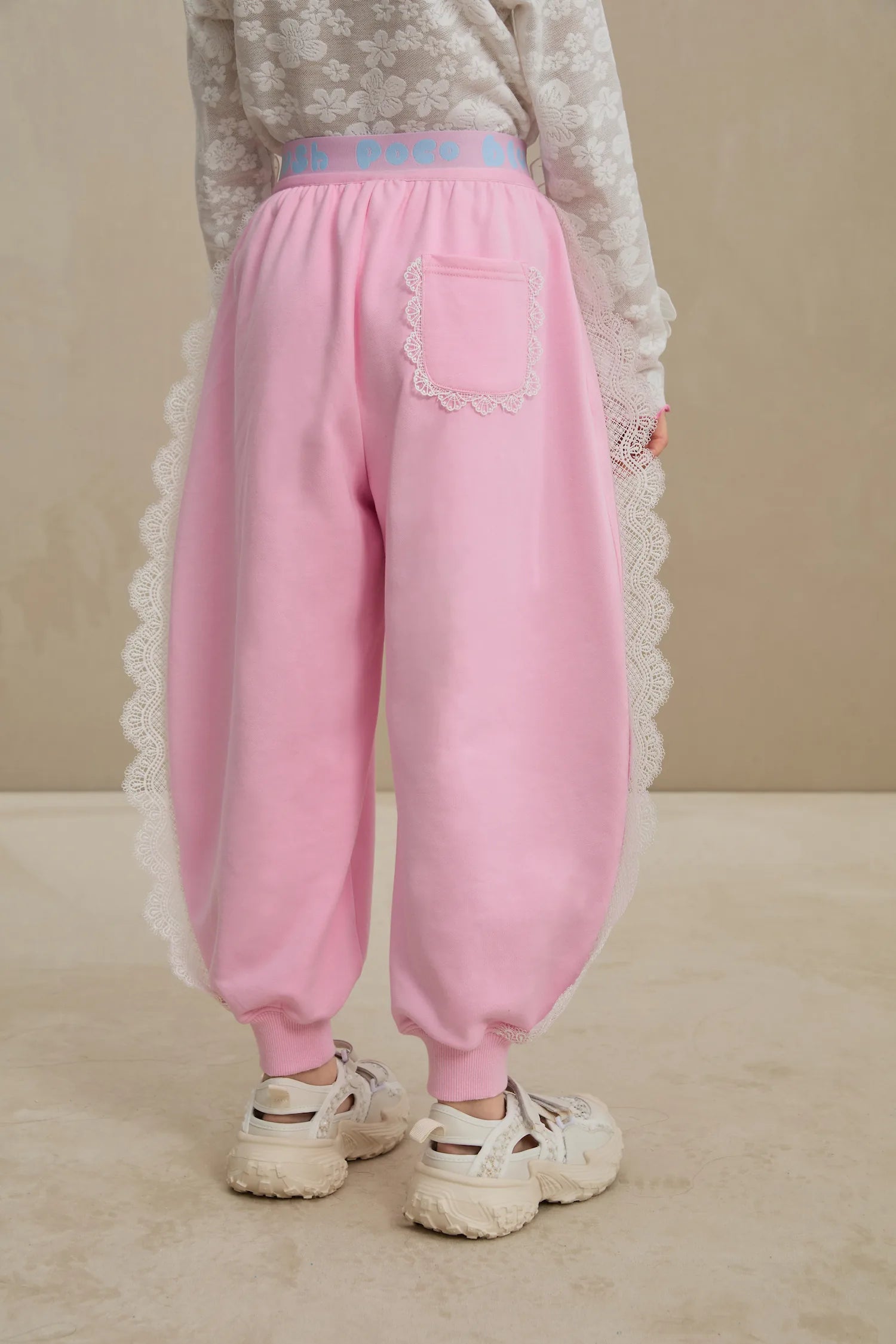 Poco Blush Lace-Trim Ballet Sweatpants with Bow Embroidery