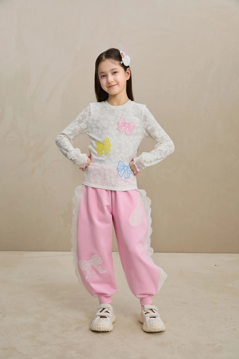 Lace-Trim Ballet Sweatpants with Bow Embroidery by Poco Blush, image 8