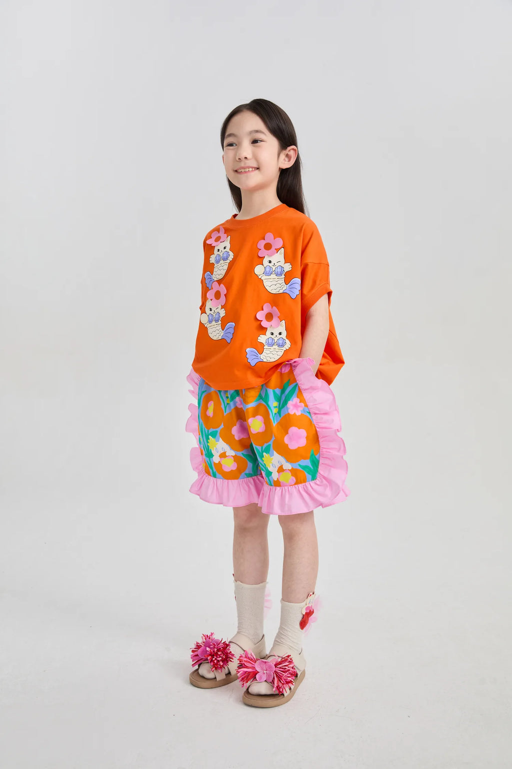 Poco Blush Mer-Cat Hibiscus Flounce Shorts