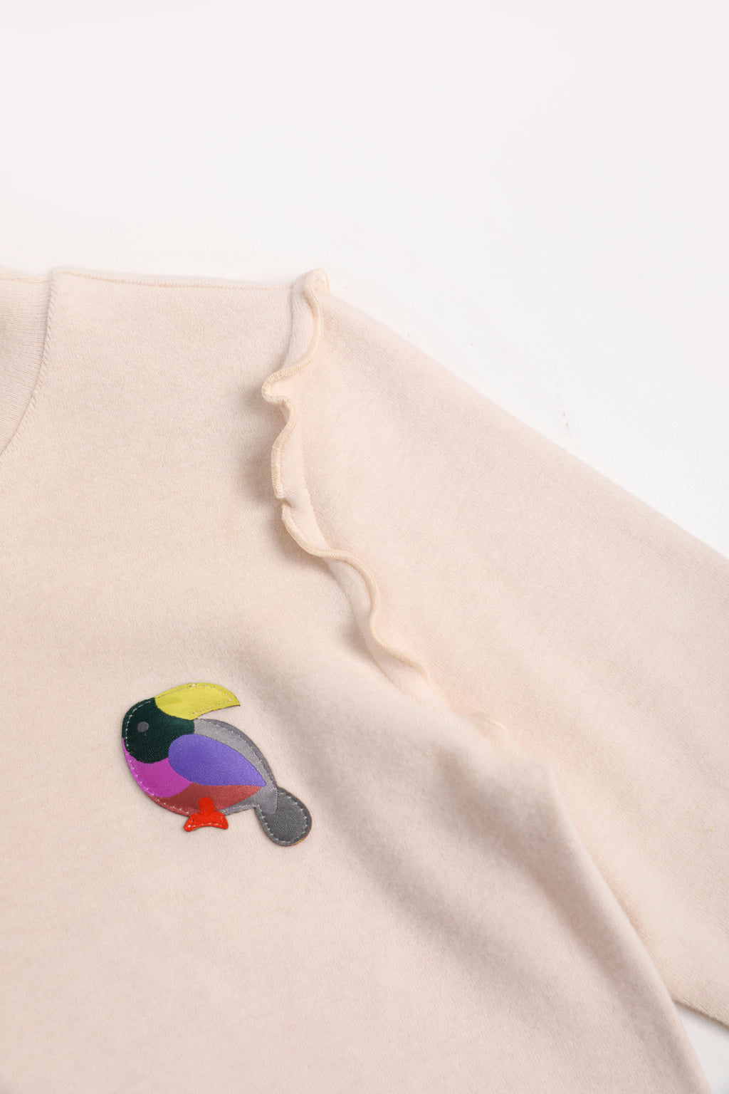 Ink-Wash Frill-Neck Base-Layer Top — Cream White; construction and decoration detail