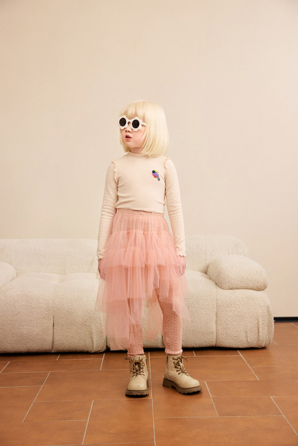 Ink-Wash Frill-Neck Base-Layer Top — Cream White; worn view; other styled garments and accessories are not included