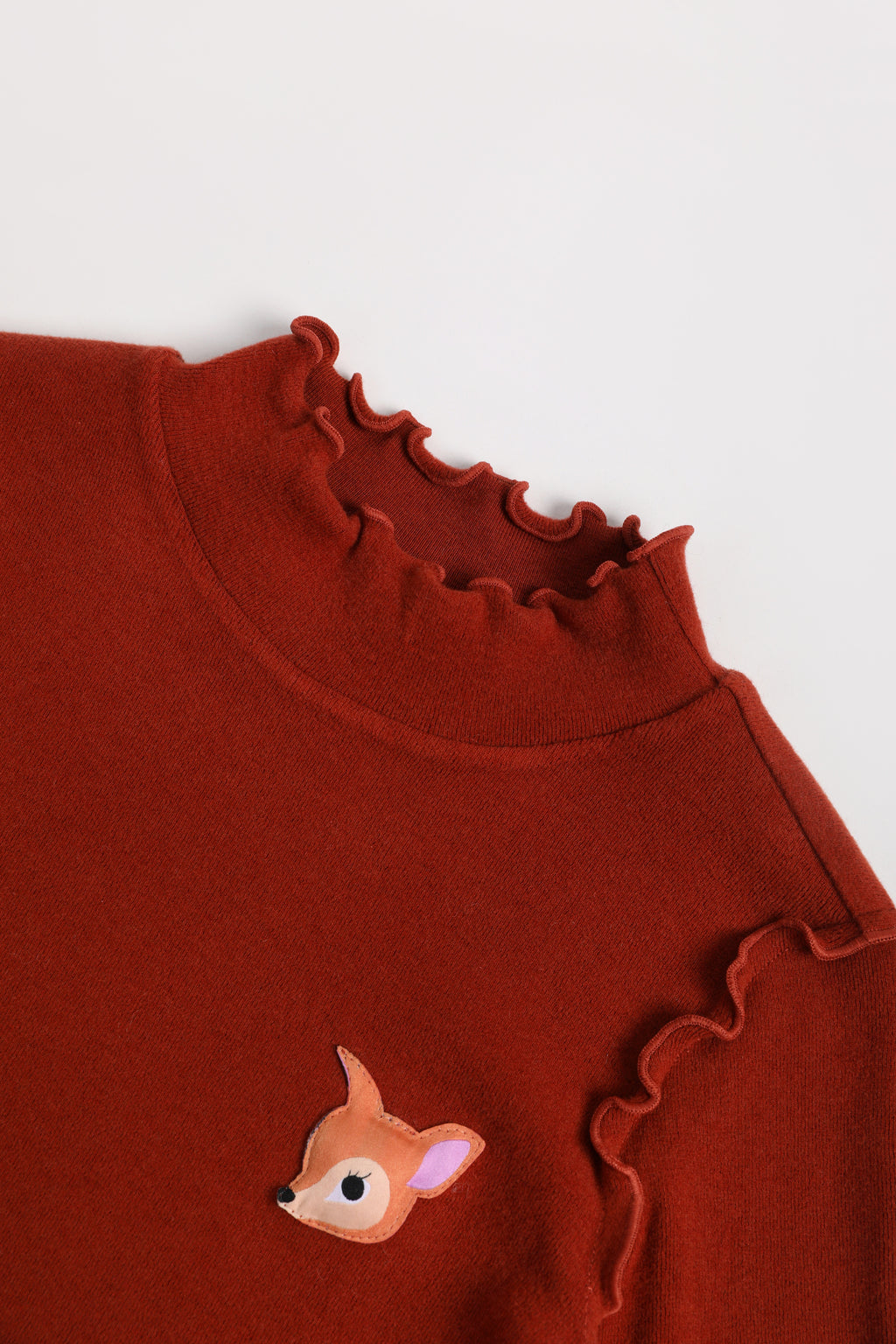 Ink-Wash Frill-Neck Base-Layer Top — Brick Red; construction and decoration detail