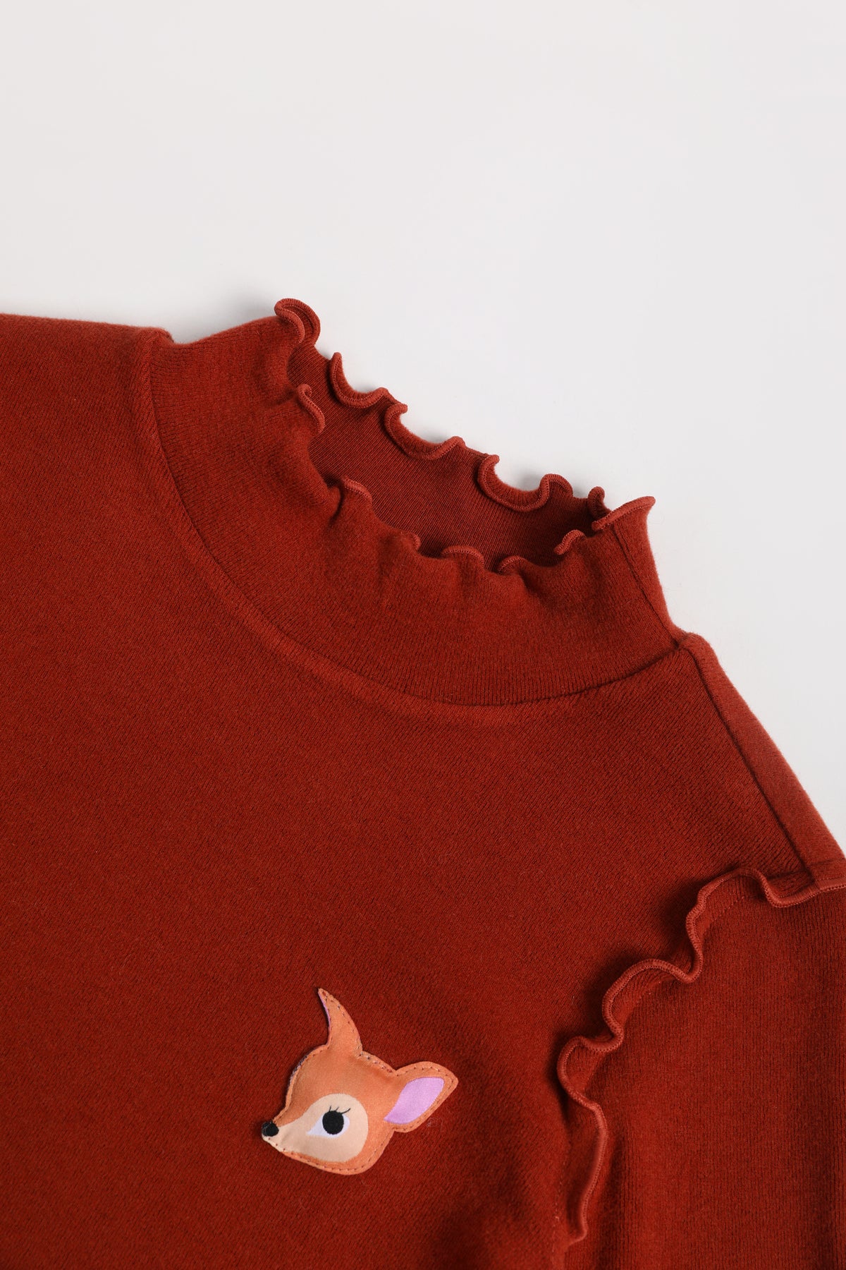 Ink-Wash Frill-Neck Base-Layer Top — Brick Red; construction and decoration detail