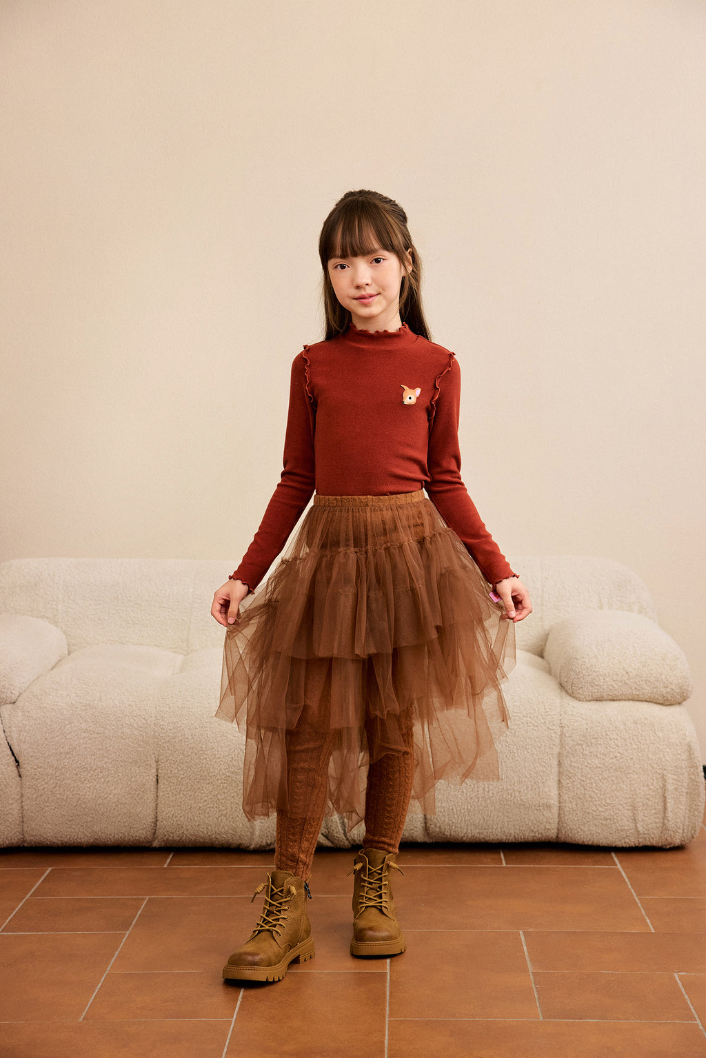 Ink-Wash Frill-Neck Base-Layer Top — Brick Red; worn view; other styled garments and accessories are not included