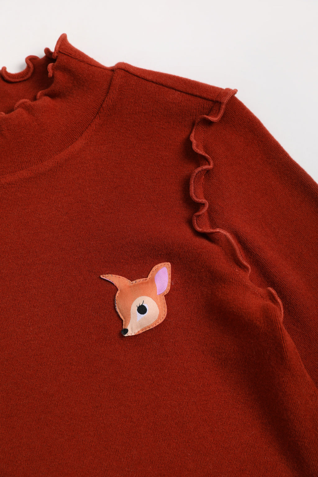 Ink-Wash Frill-Neck Base-Layer Top — Brick Red; construction and decoration detail