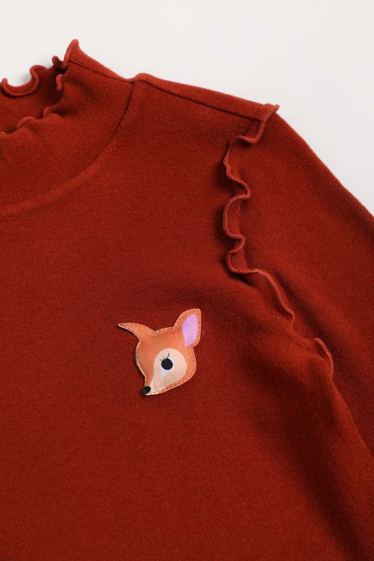 Ink-Wash Frill-Neck Base-Layer Top — Brick Red; construction and decoration detail