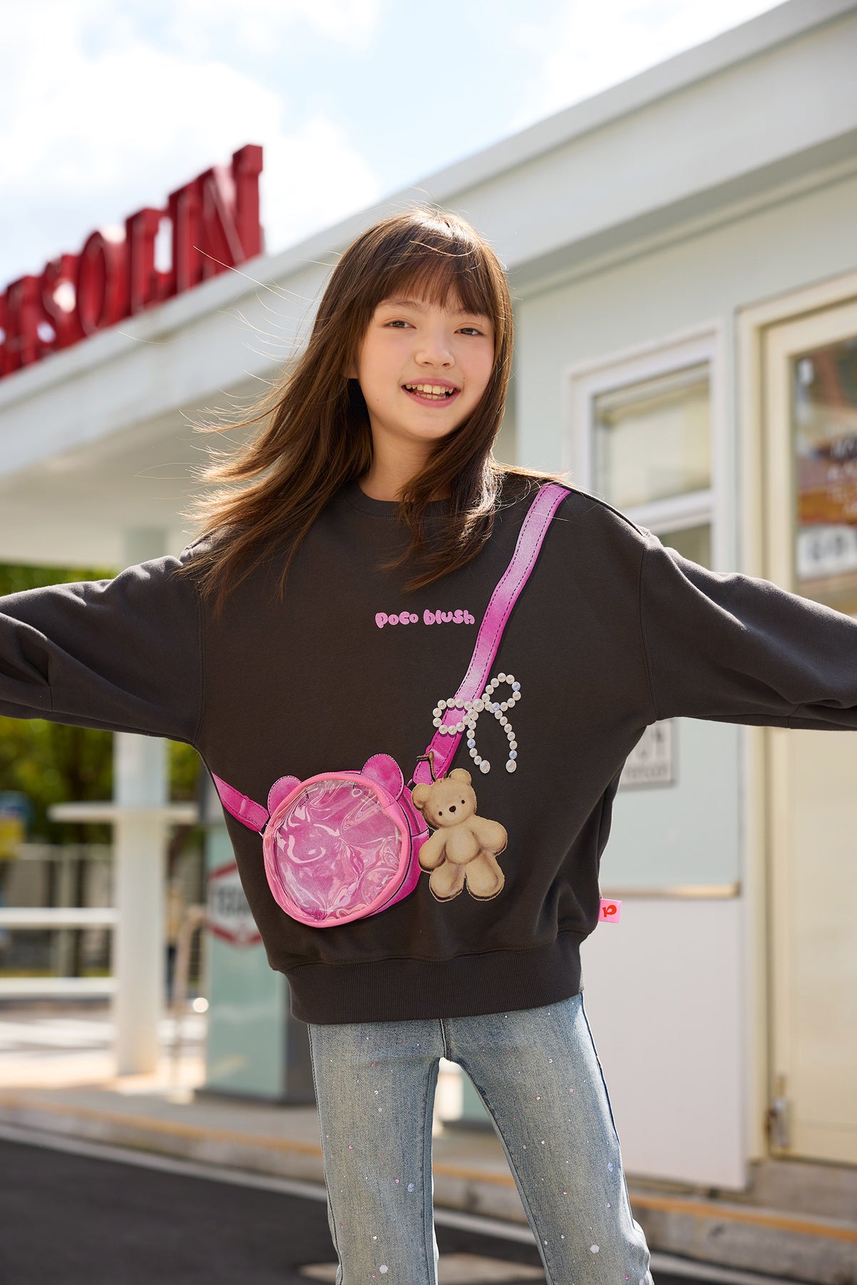 Ink-Wash Printed Pocket Sweatshirt — Ink Black; worn view; other styled garments and accessories are not included